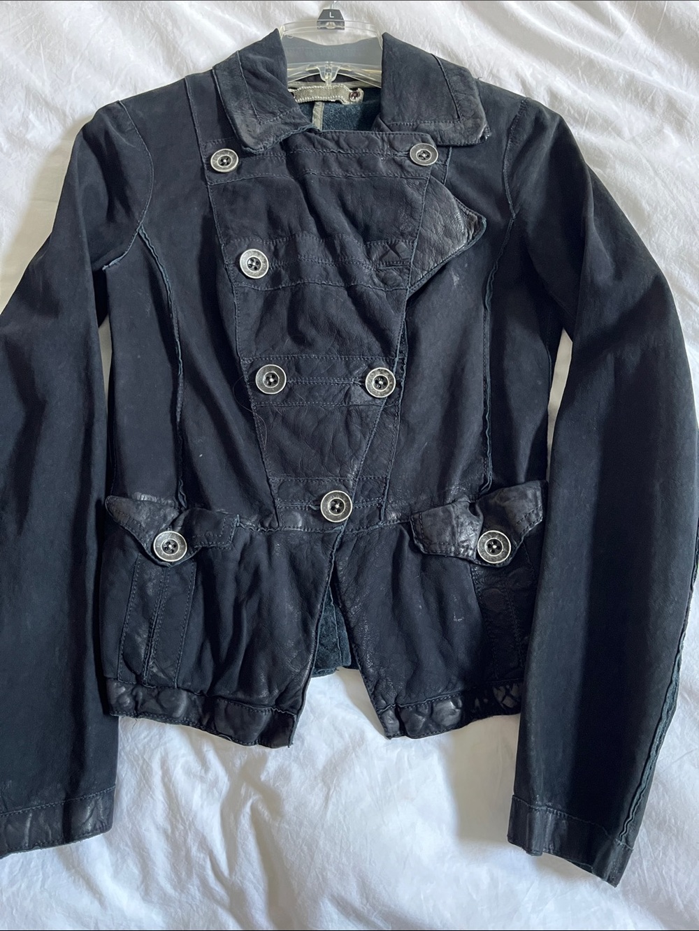 Brogden Italian suede leather navy blue double breasted buttons military jacket